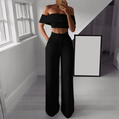 

Tailored Women Fashion Solid Cold Shoulder Ruffle Shirt Button Zipper Wide Leg Pant Suit