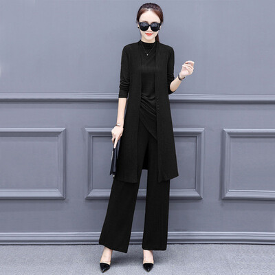 

Women Casual Slim Fashion Long-Sleeved Round Collar TopsSolid Color Single-Breasted Coat Wide-Leg Pants Three-Piece Suit