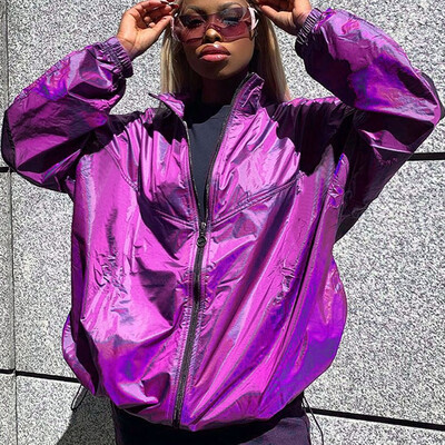 

Roseonmyhand Womens Casual Solid Color Glossy Loose Zip Splice Cardigan Jacket Coat