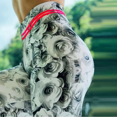 

Cross-border explosions selling Wish European&American fashion white rose print fitness high waist bottoming sports yoga pants