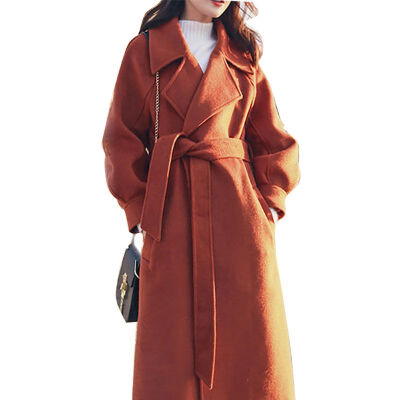 

Women Loose Winter Solid Color Lapel Double-breasted Casual Lantern Sleeve Warm Wool Coat With Belt