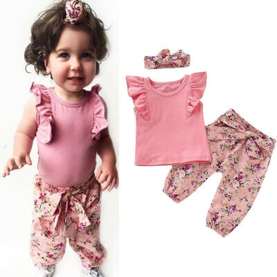 

Newborn Kid Baby Girl Ruffle Vest Tank TopFloral Bowknot Pants Headband 3Pcs Outfit Clothes Set