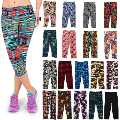 

Fashion Women Lady Cropped Trousers Vintage Print Elastic Waist Gym Wear Yoga Capri Pants