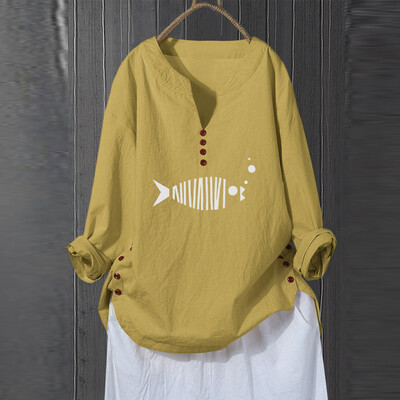 

Roseonmyhand Plus Size Women Long Sleeve V-Neck Printed Cotton And Linen Tops Casual Blouse