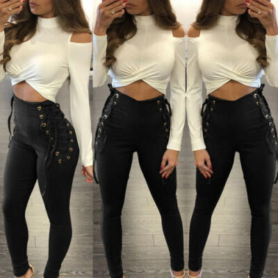 

Womens Lace Up Skinny Legging Pencil Pants High Waist Bandage Stretch Trousers