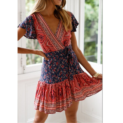 

Women Wrap Summer Boho Floral Paisley Mini Print Dress Ladies Holiday Beach