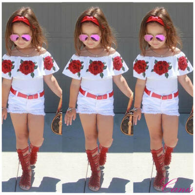 

Summer Toddler Girl Floral Off-Shoulder Ruffled TopDenim Ripped Shorts Outfits