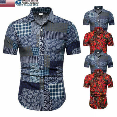 

US 2019 Summer Mens Vintage Dress Shirt Casual Short Sleeve Floral Print Tee