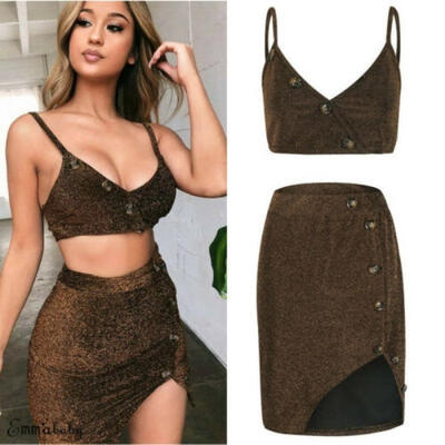 

US Women 2 Piece Bodycon Sequin Crop Top Split Skirt Set Button Dress Party Club