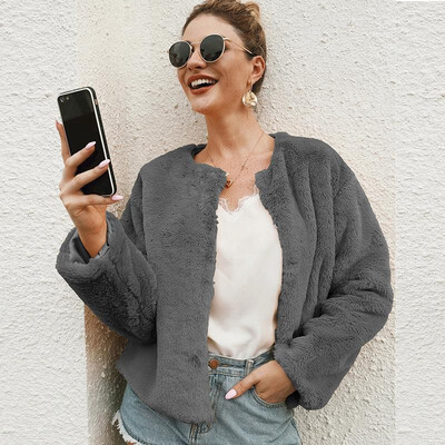 

Fashion Women Winter Fluffy Solid Color Coat Collarless O Neck Long Sleeve Concealed Buttons Faux Fur Thick Casual Jacket