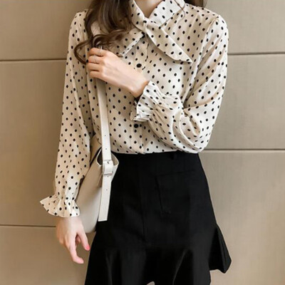 

Womens Long Sleeves Bow Tie Button Office Tops Polka Dot Print Loose OL Blouse