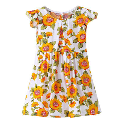 

Sweet Summer Girls Kids Sunflower Floral Fly Sleeves Cotton Dress Clothing