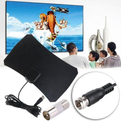 

New 50 Mile Range Thin Flat Indoor HDTV Amplified HD TV VHF Antenna 10FT Coax Black