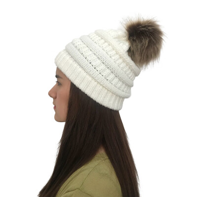 

Tailored Women Autumn Winter Outdoor Faux Fur Ball Hats Crochet Knit Holey Beanie Cap