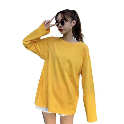 

Autumn T-shirt Women Solid Color Long Sleeve O-Neck Regular Vintage Halajuku Loose Casual Female Basic Tops