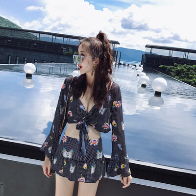 

Yimeishan swimsuit female three-piece Korean hot spring small fragrance 2018 new conservative cover belly slim sexy split swimsuit YMS188342 black animal