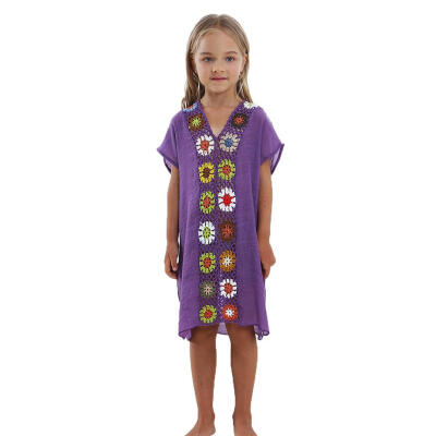 

Kids Girls Fashion Loose Hollowed-Out Crochet Flowers V-Neck Beach Dress