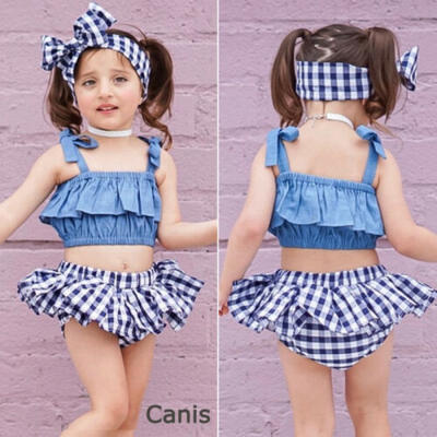 

Infant Baby Girl Clothes Sling Ruffle Vest TopsPlaid Skirt 3PCS Outfit Sunsuit