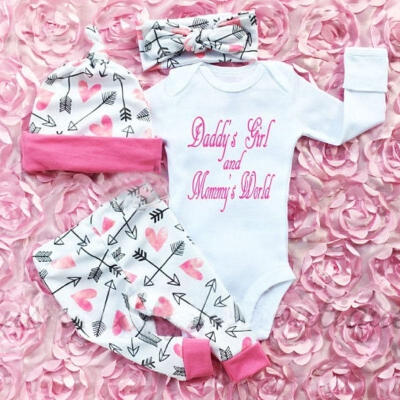 

4PCS Newborn Baby Girls Romper Bodysuit Pants Leggings Hat Outfits Clothes Set