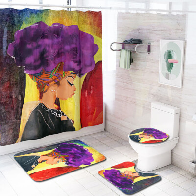 

〖Follure〗African Explosion Head Woman Waterproof Shower Curtain Bathroom Mat Four-piece