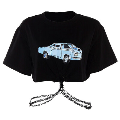 

Sexy Personality Leaking Print T-shirt Fashion Trend Chain Decoration Short Womens T-shirt