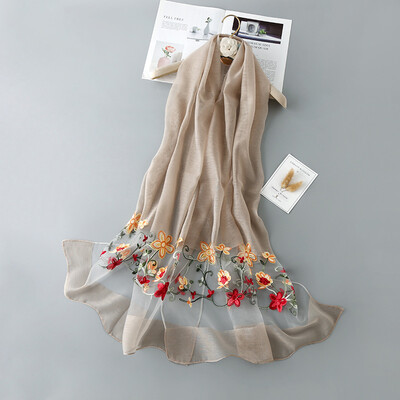 

New solid color oleander hook flower flat embroidered silk scarf four seasons wild sun shawl national wind scarf scarves wholesale