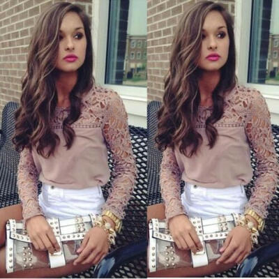 

UK Women Long Sleeve Lace Floral Chiffon T-Shirt Ladies Summer Loose Tops Blouse