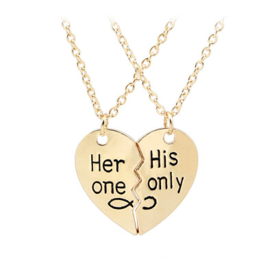 

2PcsSet Her One His Only Letter Carved Couple Heart Pendant Matching Necklace