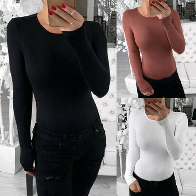 

Women Plain Long Sleeve Crew Neck Bodysuit Romper Leotard Tops Casual Shirts