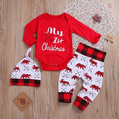 

Xmas 3Pcs Clohes for Newborn Baby Girls Boys Outfits My 1st Christmas Red Long Sleeve Romper Tops Plaid Pants Hat 0-18M