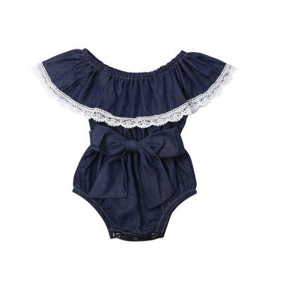 

2019 Cute Newborn Baby Girls Blue Short Sleeve Off-Shoulder Lace Romper Jumpsuit Bow Outfits 0-24M