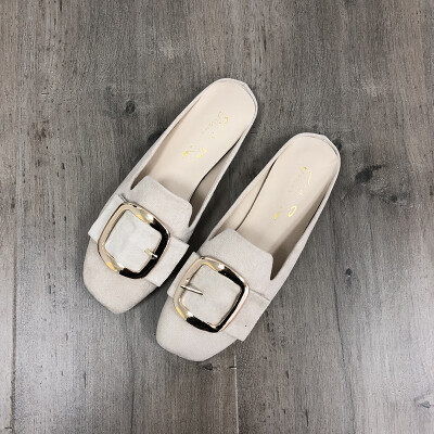 

Flat-bottomed Baotou slippers 2019 spring&autumn female loafers wear square metal buckle sandals shoes with no heel