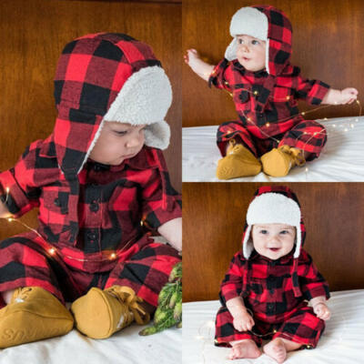 

UK Newborn Toddler Baby Boy Girl Plaid Romper Jumpsuit 2PCS Outfits Clothes 0-3T