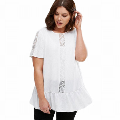 

Solid color round neck short-sleeved lace stitching hem Plus Size casual top