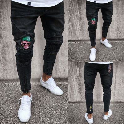 

Mens Stretchy Ripped Skinny Biker Jeans Destroyed Taped Slim Fit Denim Pants
