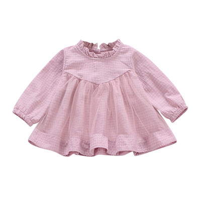 

Autumn Dress Casual Baby Girls Plaid Print Long Sleeve Patchwork Mesh Dress Kids Toddler Pageant Sundress