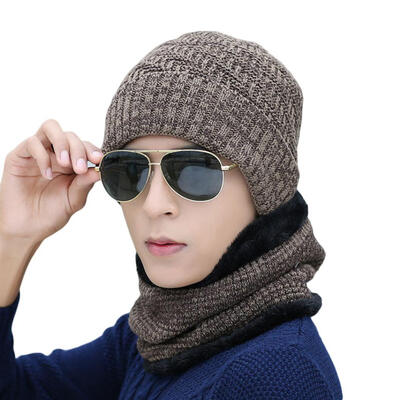 

Men Fashion Crochet Knitted Beanie Winter Warm Hat Caps with Collar Scarf