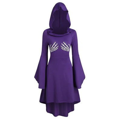 

Tailored Fashion Women Long Sleeve Skeleton Print Lace Up Halloween Hooded Midi Dress