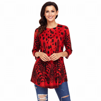 

Round neck cropped sleeve printed single-breasted bohemian straight top