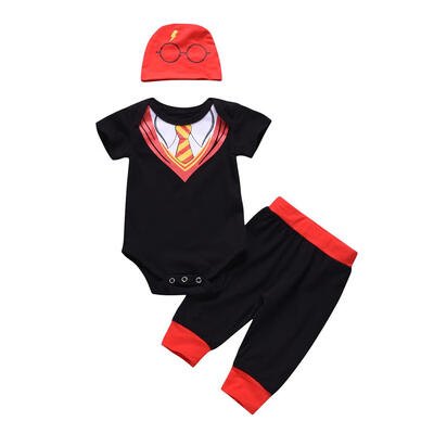 

3pcs Baby Gentleman Clothing Set Boys Short Sleeve Infant Rompers Pants Hat