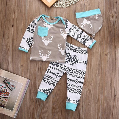 

Newborn Baby Girls Boy Deer Long Sleeve Tops T-shirt Pants Hat 3pcs Outfits Set