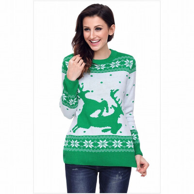

Two-tone stitching round neck long sleeve snow pattern knit sweater