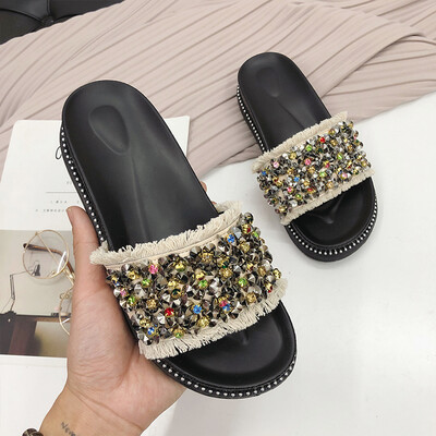

Summer slippers women wear fashion 2019 new style shiny original style 100 network celebrities thick bottom a word lazy people coo