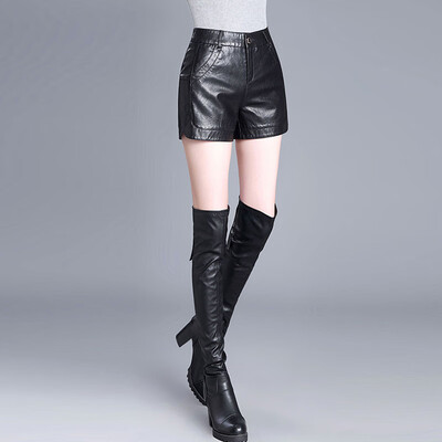 

Her pool womens 2018 autumn&winter new short paragraph leather pants leggings high waist large size outside wearing ladies pants T83H1948A10S black