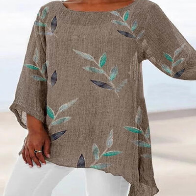 

Leaf Printed Trim Long Sleeve Round Neck Top