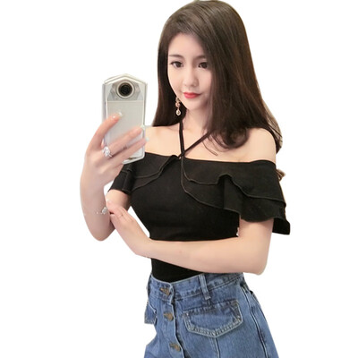 

Summer Sexy Womens Slash Neck Simple Strap Short Sleeve Ruffles Solid Slim T-Shirt