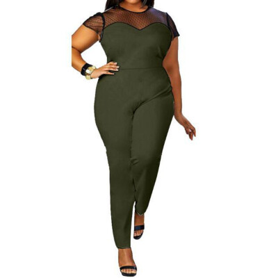 

Gobestart Womens Plus Size Mesh Sexy Stitching Fashion Short-Sleeved Round Neck Jumpsuit