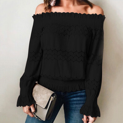 

Women Lace Off Shoulder T-shirts Loose Casual Solid Color Hollow Out Blouse Long Sleeves Lace Patchwork Tops Ladies Shirts