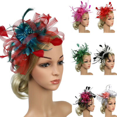 

Women Ladies Fascinator Flower Feather Hat Headband Wedding Party Mesh Headpiece