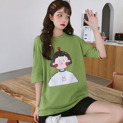 

Summer Tops WomenCute Loose Round Neck Cartoon Strawberry Girl & Letters Print Short Sleeve T-Shirt camisetas verano mujer